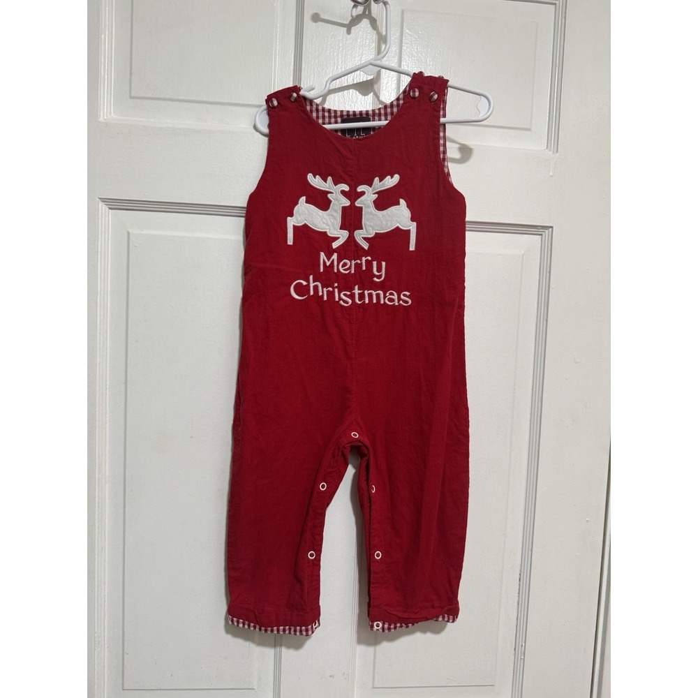 2T Boys Merry Christmas Appliqué Longalls JonJons Reindeer Red White Overalls
